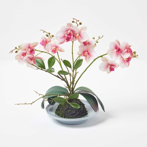 Homescapes Pink 38cm Lifelike Artificial Orchid in Grey Ceramic Bowl