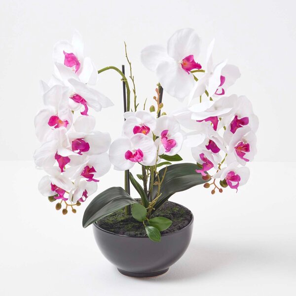 Large 56cm Lifelike Artificial White Orchid in Black Cement Pot