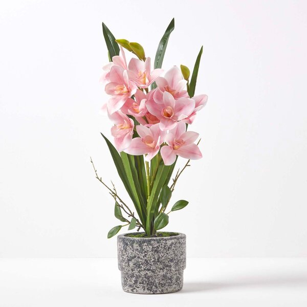 Large 58cm Cymbidium Pink Artificial Orchid in Grey Cement Pot