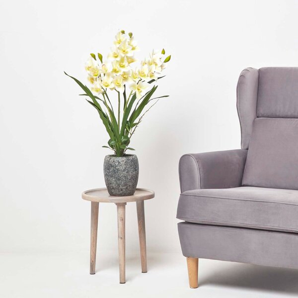 Extra Large 82cm Cymbidium Artificial White Orchid in Grey Cement Pot