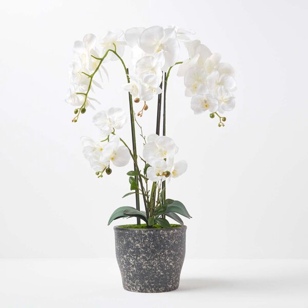 Extra Large 82cm Lifelike Artificial White Orchid in Grey Ceramic Pot