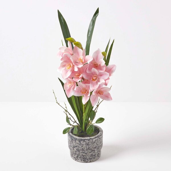 Large 58cm Cymbidium Pink Artificial Orchid in Grey Cement Pot