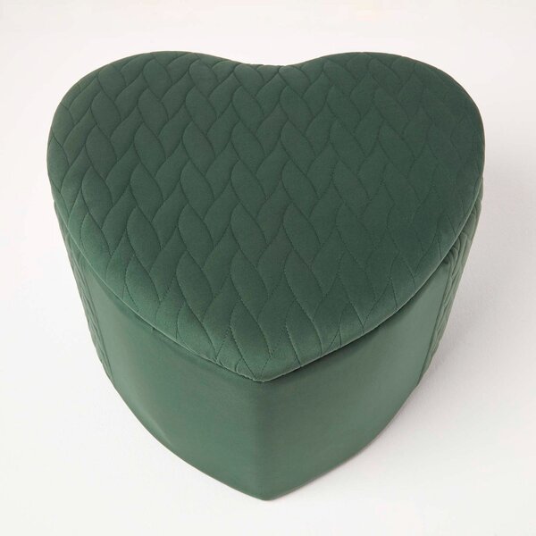 Homescapes Arundel Heart-Shaped Green Velvet Footstool with Storage