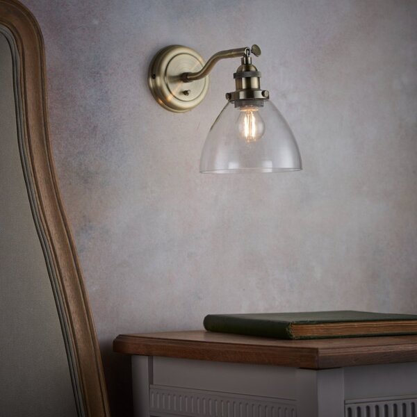 Endon 77273 Hansen 1 Light Wall Light In Antique Brass Plate And Clear Glass