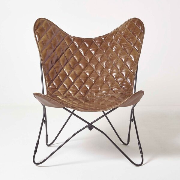 Homescapes Diamond Brown Leather Butterfly Chair with Steel Legs BKF