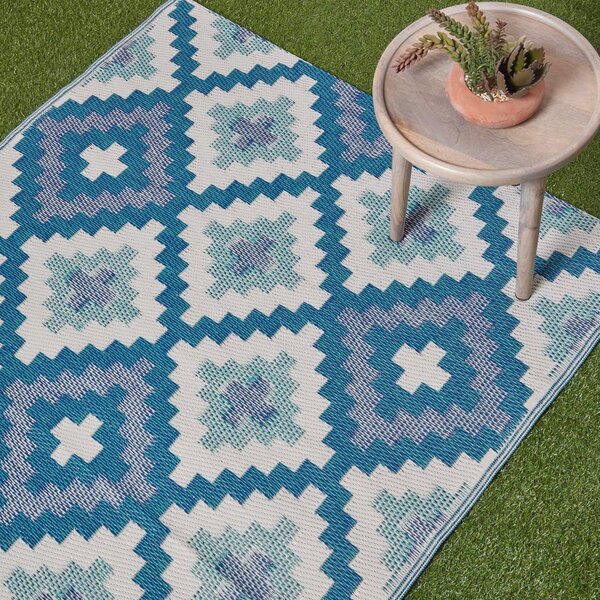 Homescapes Waterproof Blue Outdoor Rug Geometric Aztec 120 x 180 cm