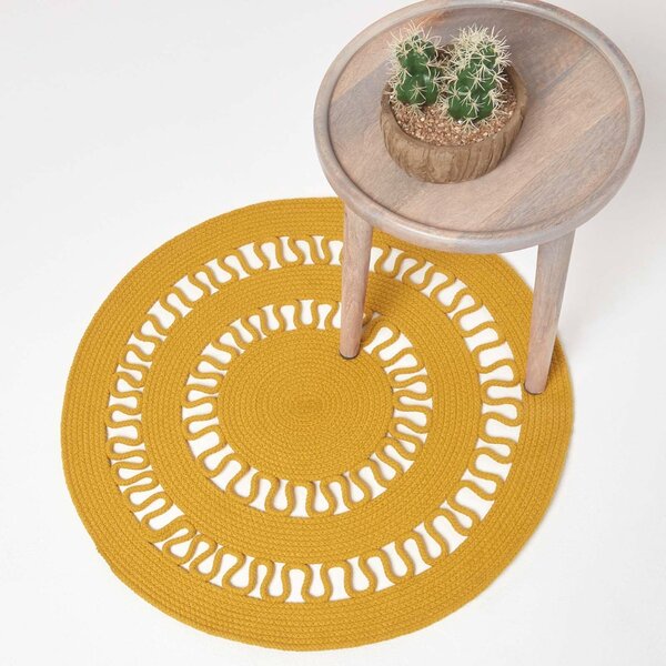 HOMESCAPES Mustard Crochet Braided Rug 70cm Round