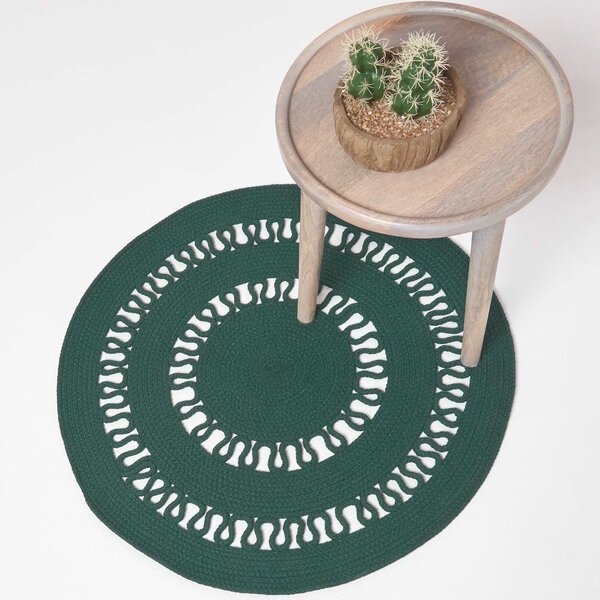 HOMESCAPES Green Crochet Braided Rug 90cm Round