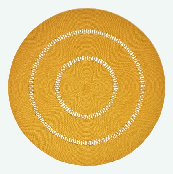 HOMESCAPES Mustard Crochet Braided Rug 120cm Round