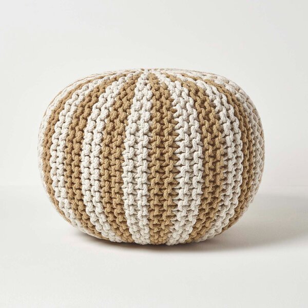 HOMESCAPES Off White and Linen Knitted Pouffe Striped Footstool 40 x 50cm