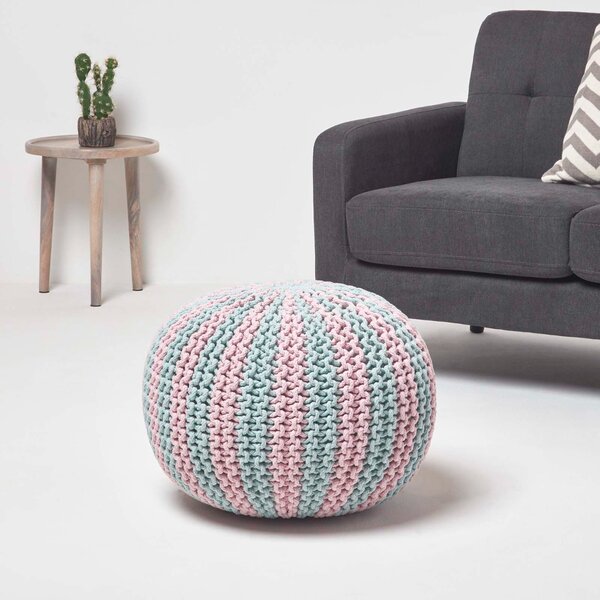 HOMESCAPES Pink and Blue Knitted Pouffe Striped Footstool 35 x 40cm