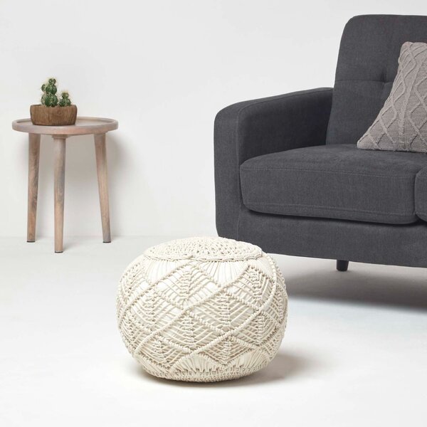 Homescapes Natural Macrame Pouffe Knitted Round Footstool 35 x 40 cm