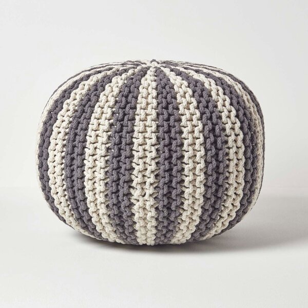 HOMESCAPES Off White and Grey Knitted Pouffe Striped Footstool 40 x 50cm