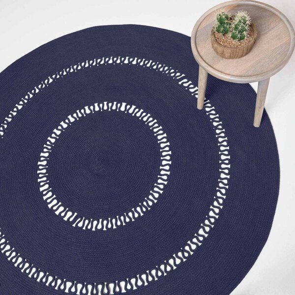 HOMESCAPES Navy Crochet Braided Rug 120cm Round