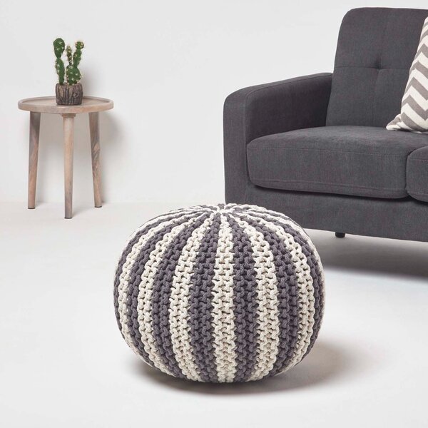 HOMESCAPES Off White and Grey Knitted Pouffe Striped Footstool 40 x 50cm