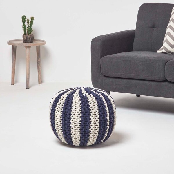 HOMESCAPES Navy and Off White Knitted Pouffe Striped Footstool 35 x 40cm