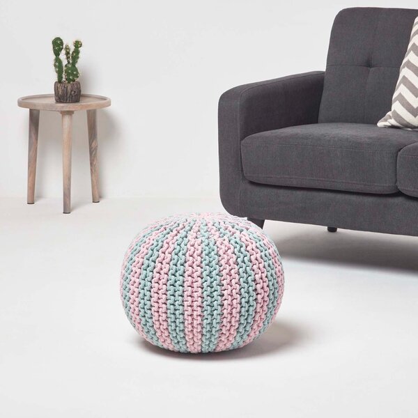 HOMESCAPES Pink and Blue Knitted Pouffe Striped Footstool 40 x 50cm