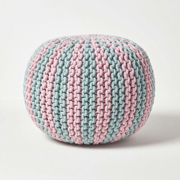 HOMESCAPES Pink and Blue Knitted Pouffe Striped Footstool 35 x 40cm