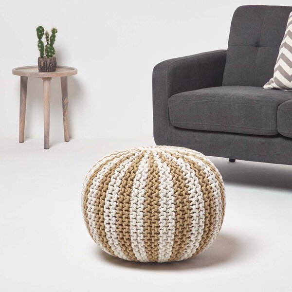 HOMESCAPES Off White and Linen Knitted Pouffe Striped Footstool 40 x 50cm