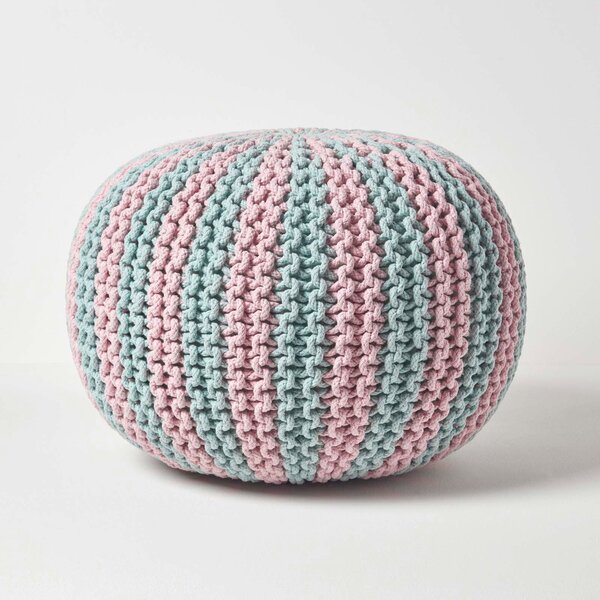 HOMESCAPES Pink and Blue Knitted Pouffe Striped Footstool 40 x 50cm