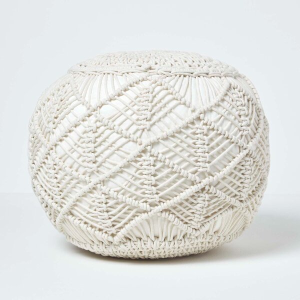 Homescapes Natural Macrame Pouffe Knitted Round Footstool 35 x 40 cm