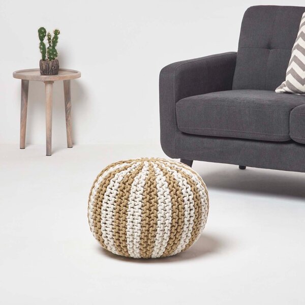 HOMESCAPES Off White and Linen Knitted Pouffe Striped Footstool 35 x 40cm