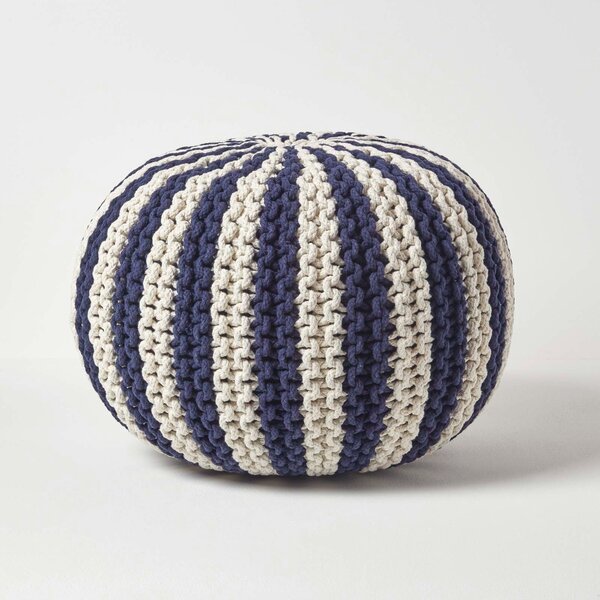 HOMESCAPES Navy and Off White Knitted Pouffe Striped Footstool 40 x 50cm