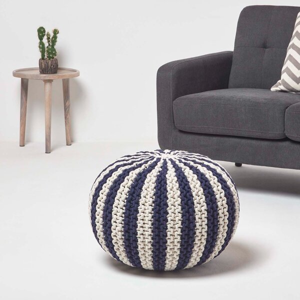 HOMESCAPES Navy and Off White Knitted Pouffe Striped Footstool 40 x 50cm