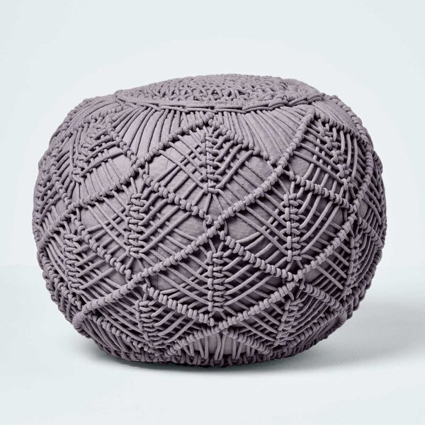 Homescapes Grey Macrame Pouffe Knitted Round Footstool 35 x 40 cm