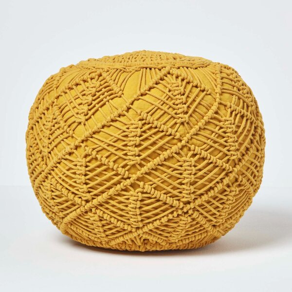 Homescapes Mustard Yellow Macrame Pouffe Round Footstool 35 x 40 cm