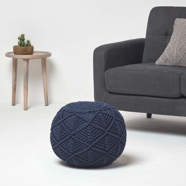 Homescapes Navy Blue Macrame Pouffe Knitted Round Footstool 35 x 40 cm