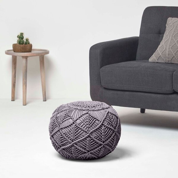 Homescapes Grey Macrame Pouffe Knitted Round Footstool 35 x 40 cm