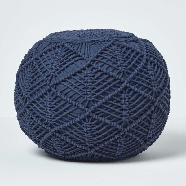 Homescapes Navy Blue Macrame Pouffe Knitted Round Footstool 35 x 40 cm