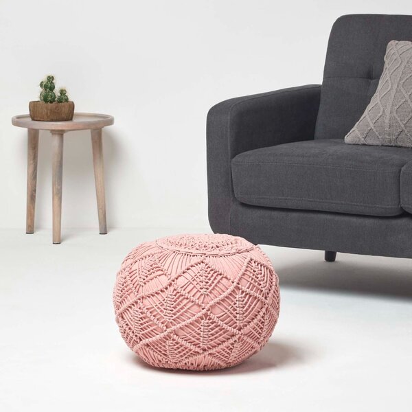 Homescapes Blush Pink Macrame Pouffe Knitted Round Footstool 35 x 40cm