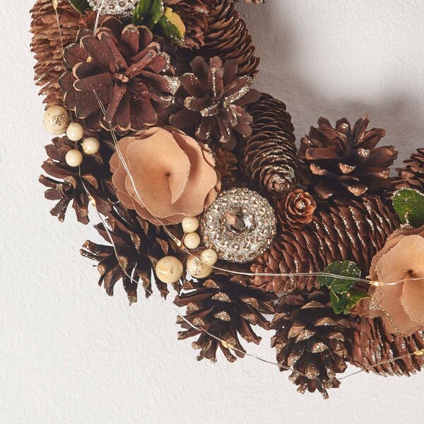 Homescapes LED Gold Christmas Wreath with Pinecones and Baubles 36 cm