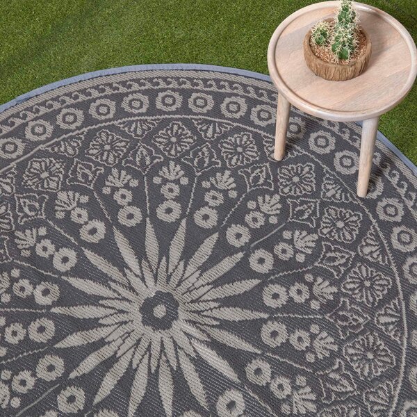 Homescapes Black Outdoor Round Rug Waterproof Mandala Pattern, 170 cm