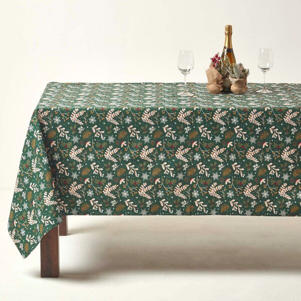 Homescapes Green Christmas Tablecloth 137 x 137 cm, Holly Design