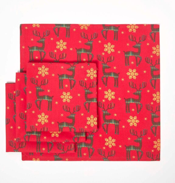 Homescapes Set of 4 Red Napkins 100% Cotton Christmas Reindeer Design