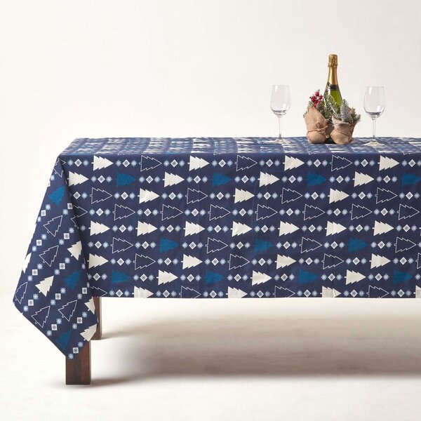 Homescapes Blue Christmas Tablecloth 137 x 137 cm, Xmas Tree Design