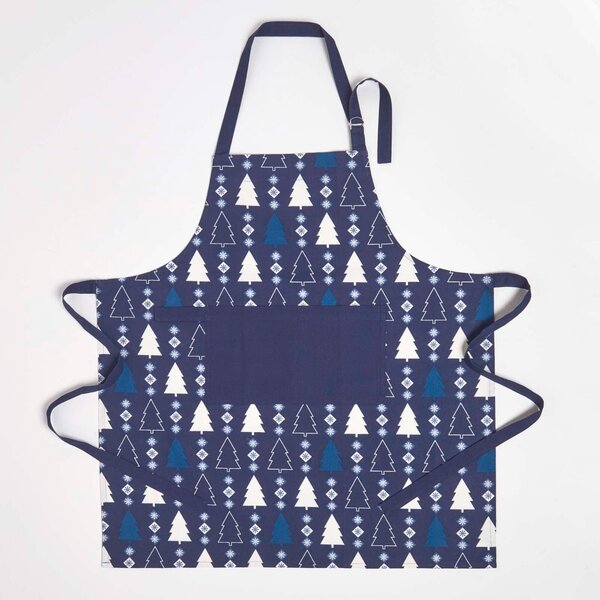 Homescapes Blue Apron 100% Cotton Xmas Tree Christmas Apron