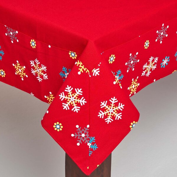 Cotton Christmas Red Snowflake Border Tablecloth, 54 x 70 Inches