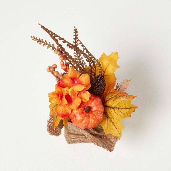 Orange Autumn Decoration with Pumpkins and Maple Leaves, 25 cm Tall