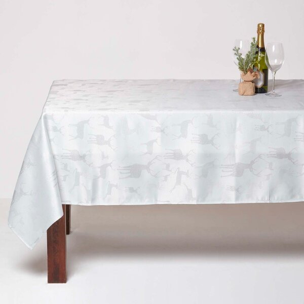 Homescapes Silver Stag Christmas Table Cloth, 132 x 274 cm