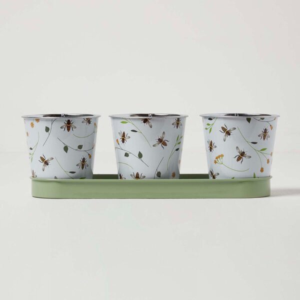 Homescapes Set of 3 Indoor Plant Pots with Floral Bee Design