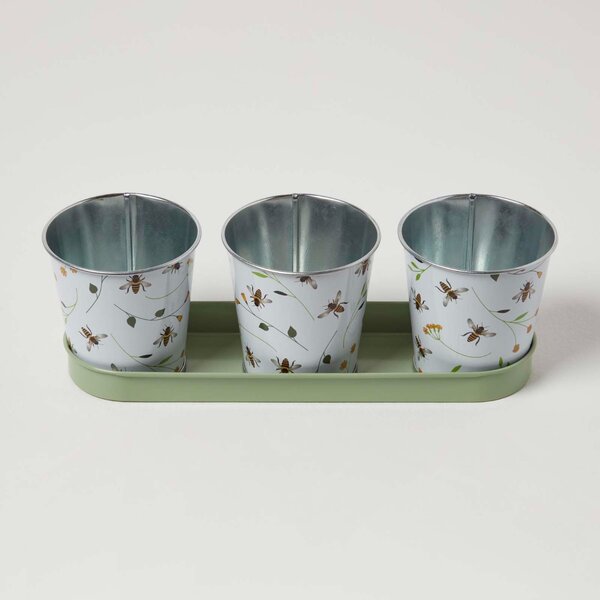 Homescapes Set of 3 Indoor Plant Pots with Floral Bee Design