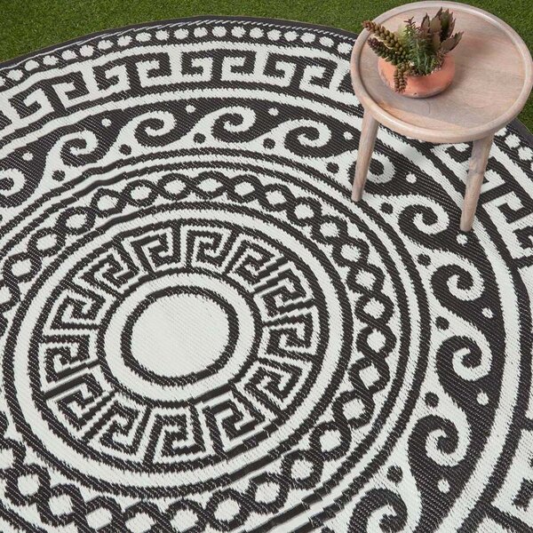 Homescapes Aztec Outdoor Round Rug Black for Garden, Patio, 180 cm