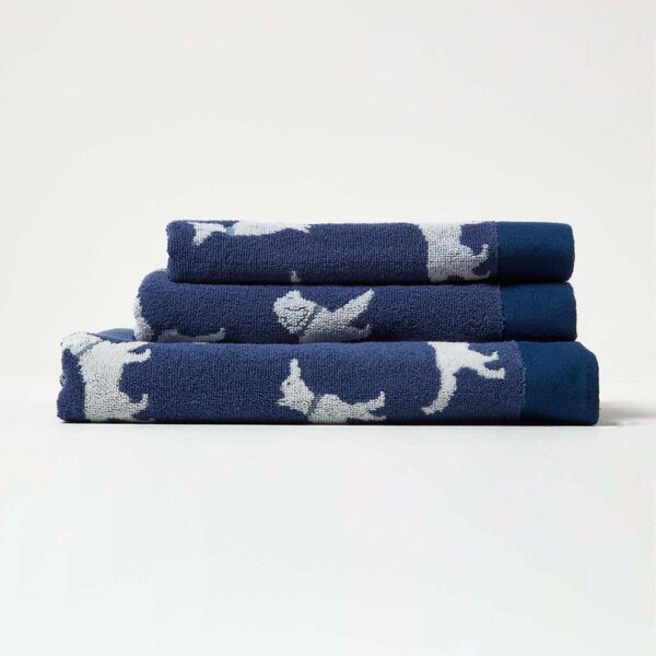 Homescapes Navy Blue Dog Pattern 100% Cotton Hand Towel, 50 x 85 cm