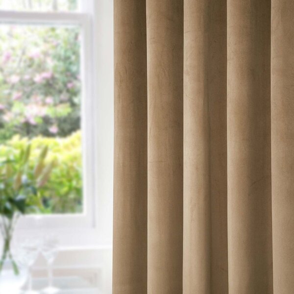 Homescapes Thermal 100% Blackout Beige Velvet Curtains, 46 x 54"