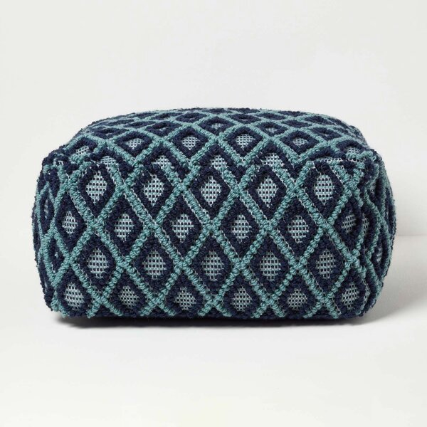 Geometric Ikat Navy & Teal Pouffe Bean Cube Footstool 55 x 30 cm