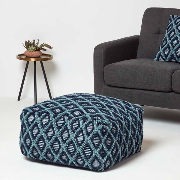 Geometric Ikat Navy & Teal Pouffe Bean Cube Footstool 55 x 30 cm